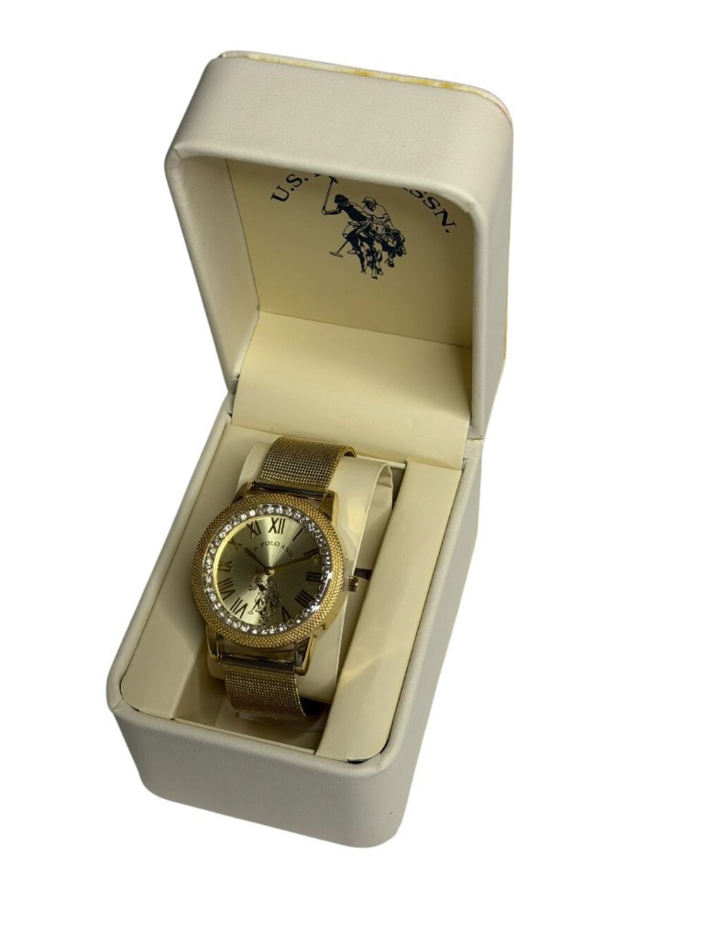 US Polo Assn Watch Metal Wristband Faux Bling Gold NIB